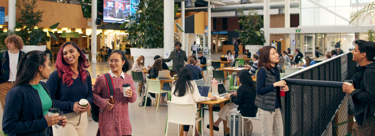 International students socialising in the Hub on the North Terrace Campus
