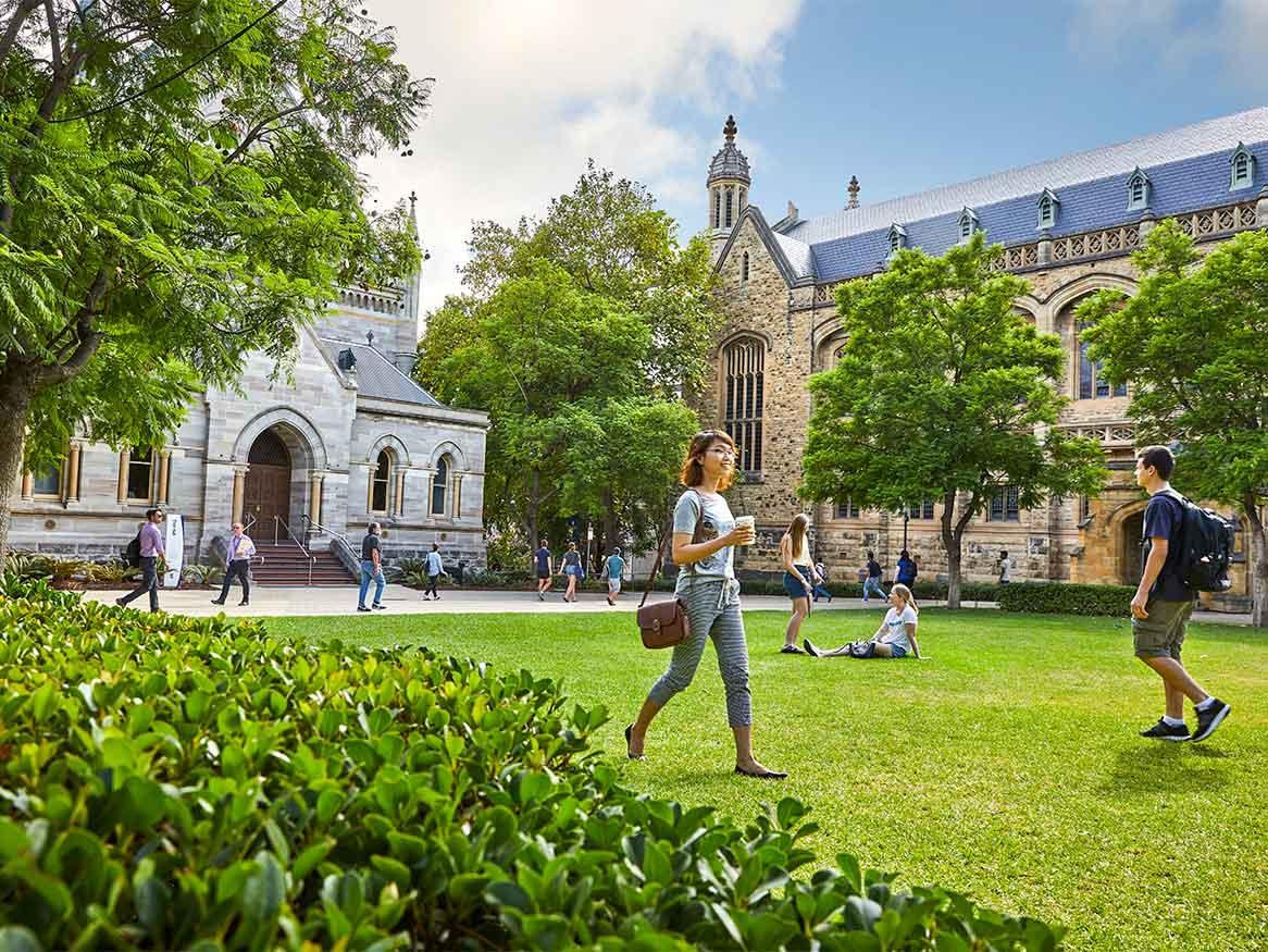 Students walking across campus